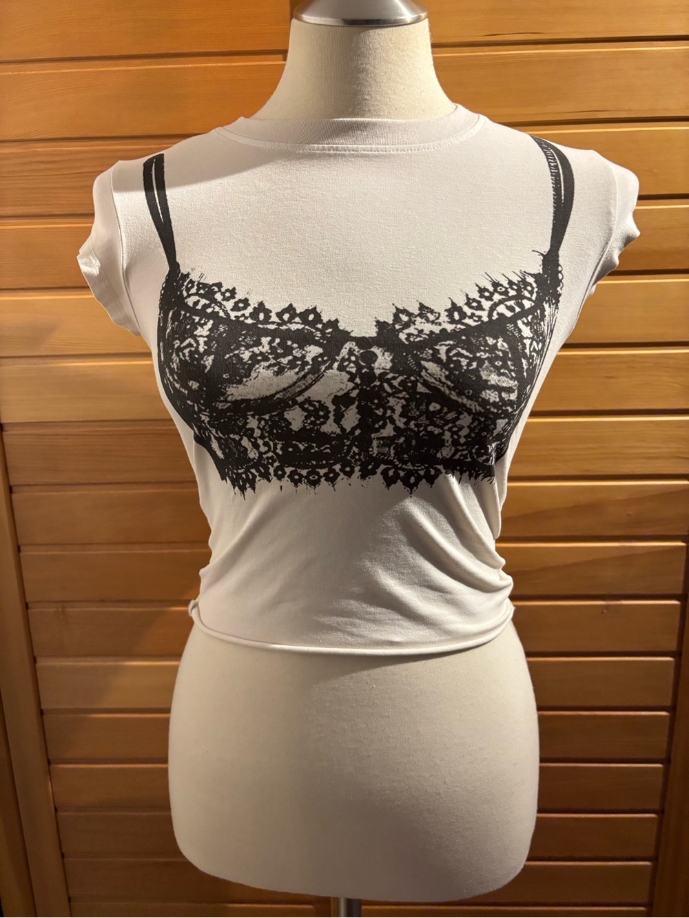 Full Tilt White Crop Tee with Black Lace Bra Graphic